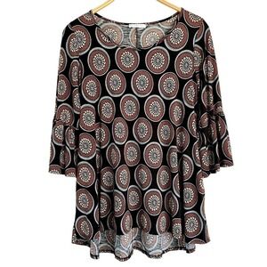 Nic & Lulu Women’s MEDIUM Top Blouse Bell Sleeves Black Geometric Poly Stretch